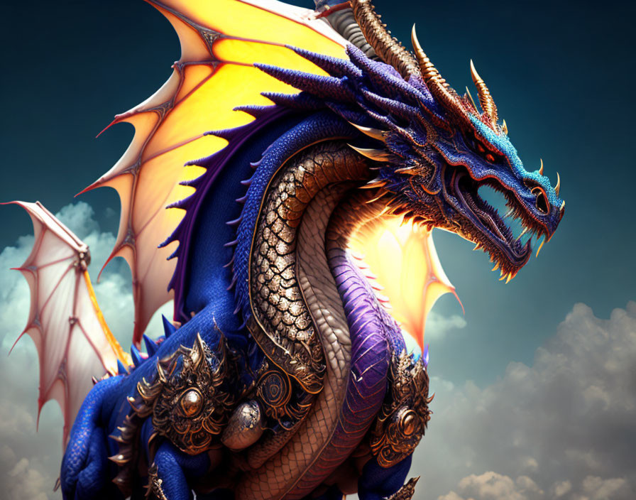 Blue dragon with orange wings and intricate scales on cloudy sky backdrop