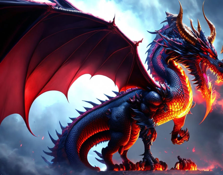 Blue Dragon with Red Wings in Stormy Sky: Powerful Digital Artwork