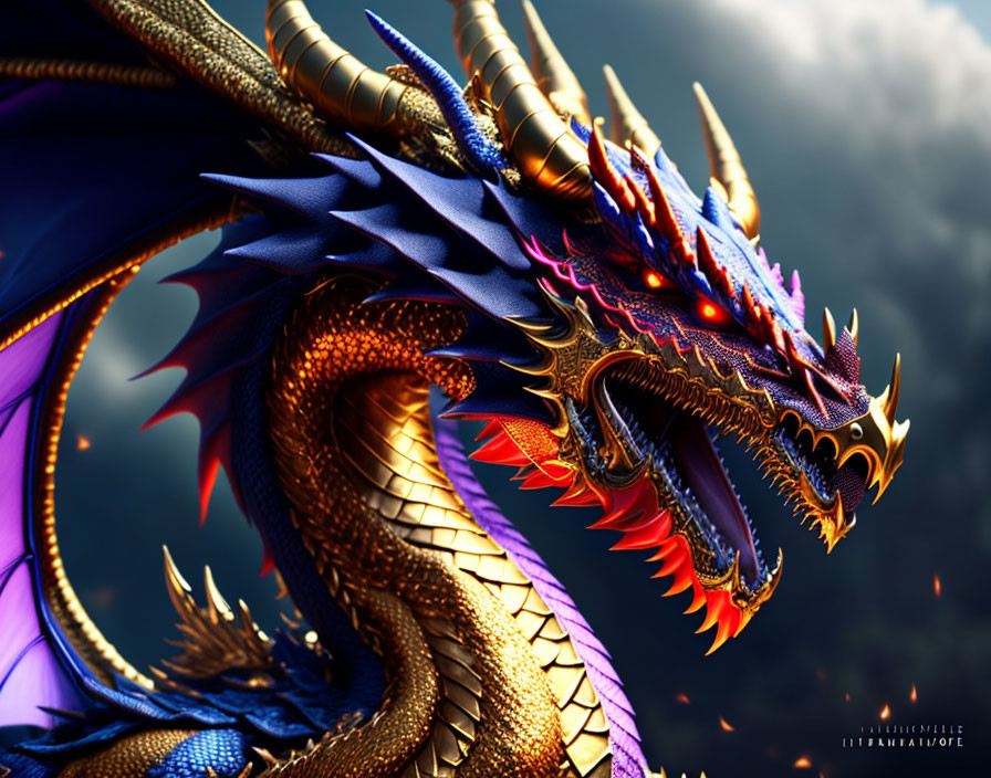 Majestic dragon with blue and orange scales in dramatic sky