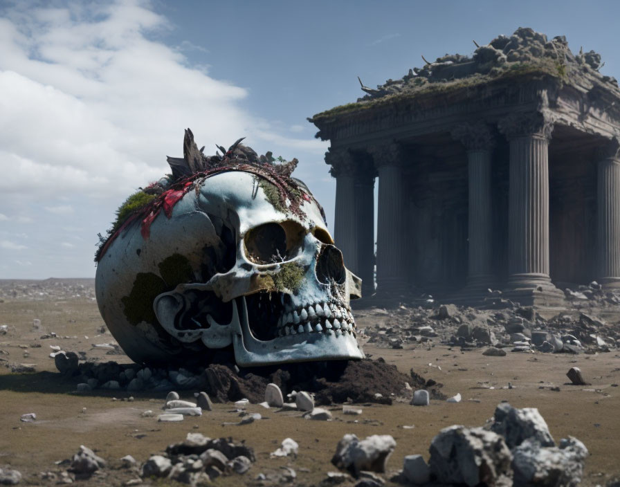 Skull with foliage on head in desolate landscape with classical ruin and cloudy sky