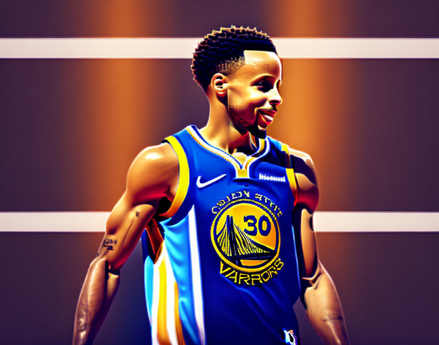 Stylized basketball player illustration in Golden State Warriors #30 jersey with dark background and white lines