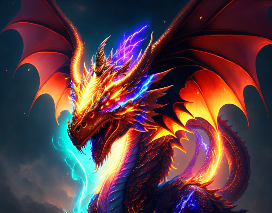 Majestic dragon with glowing blue and orange scales in stormy sky