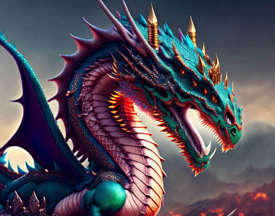 Blue Dragon with Golden Spikes and Menacing Eyes in Fiery Sky