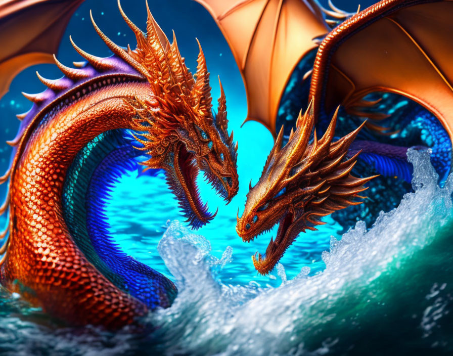 Two red dragons facing off over ocean waves with a blue portal backdrop