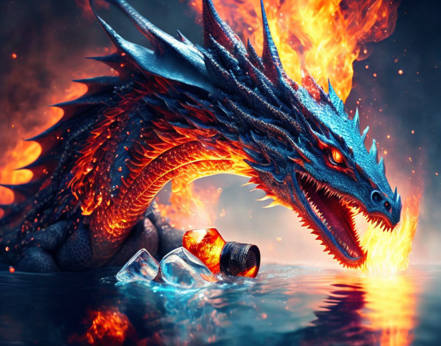 Blue dragon breathing fire near spilled bottle and ice cubes in fiery setting