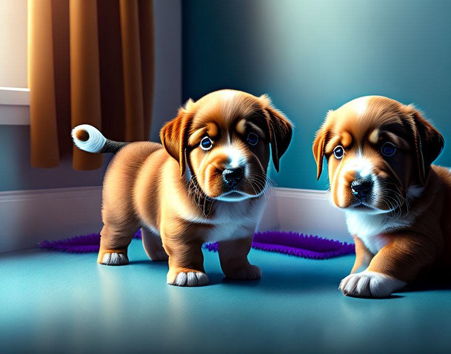 Two cute animated puppies with expressive eyes indoors with a purple toy and curtain.