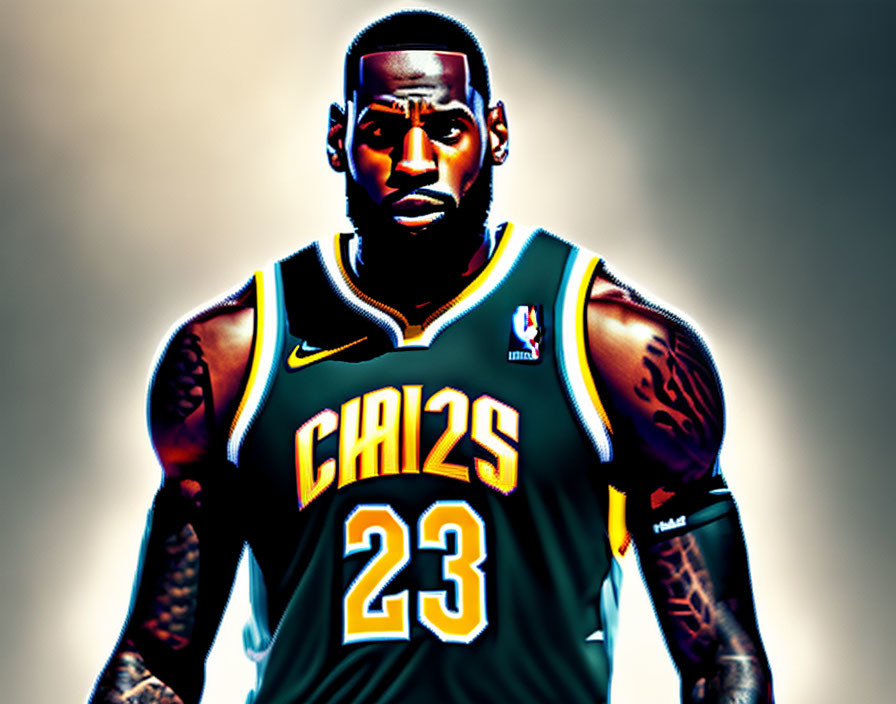 Stylized basketball player in number 23 jersey with tattoos on dark background