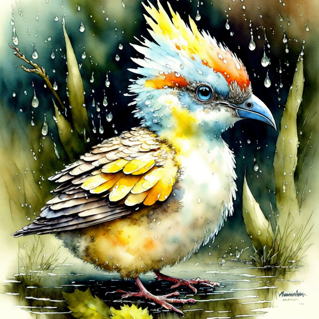 Colorful Bird with Spiked Crest, Blue Face, and Yellow Feathers in Rainy Greenery