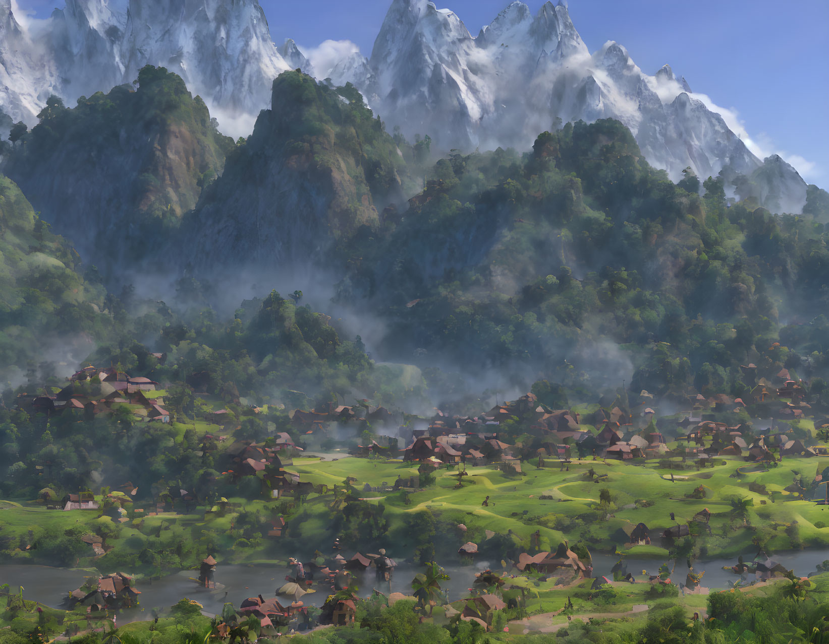 Scenic valley village nestled among lush forests and snow-capped mountains