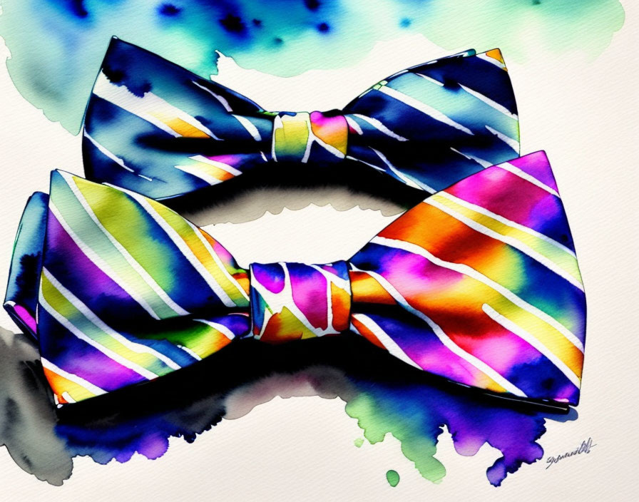 Colorful Watercolor Painting of Striped Bow Tie with Blue and Purple Ink