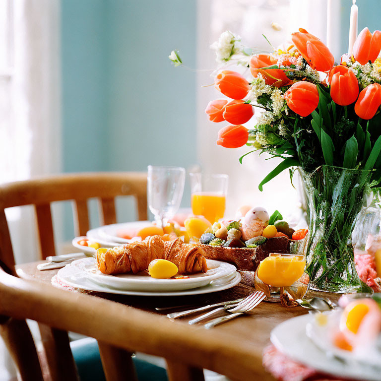 Inviting Easter breakfast table with croissants and decorations