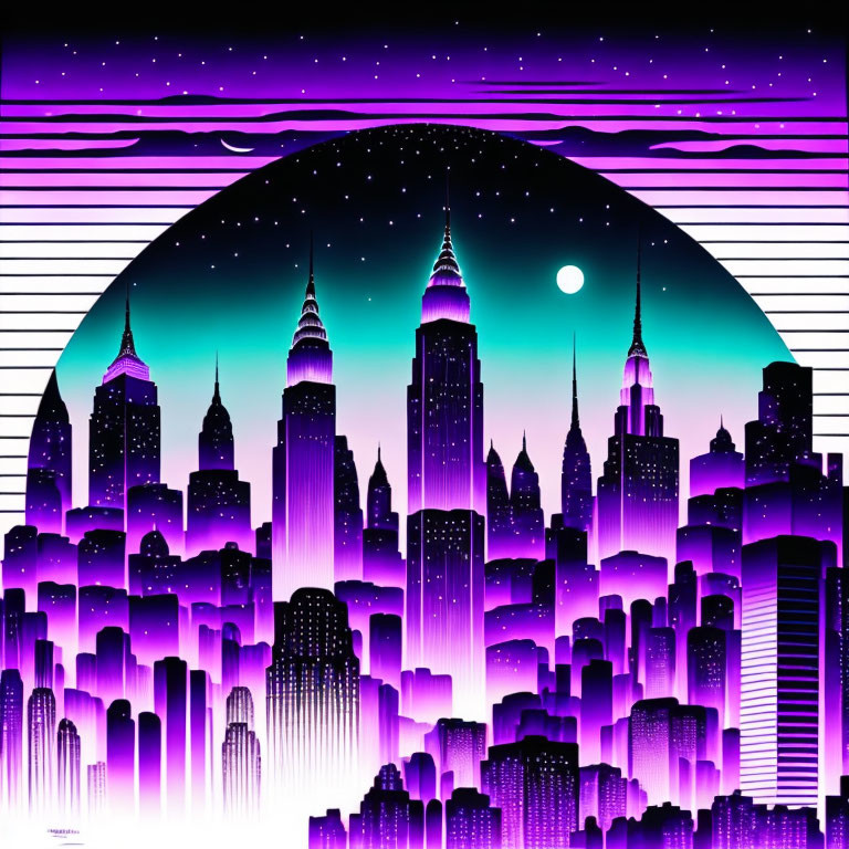 Futuristic neon-lit cityscape under crescent moon in dome pattern