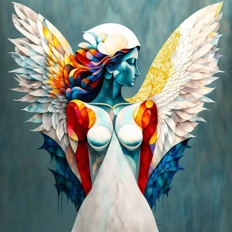 Colorful painting of woman with multi-hued wings, blending human and angelic features