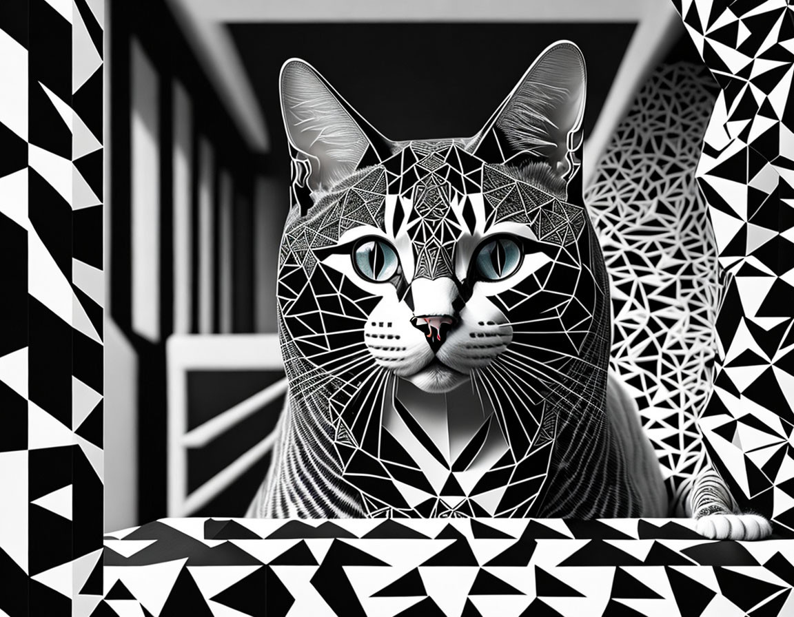 Black and white artistic image of a cat with geometric patterns blending into the background