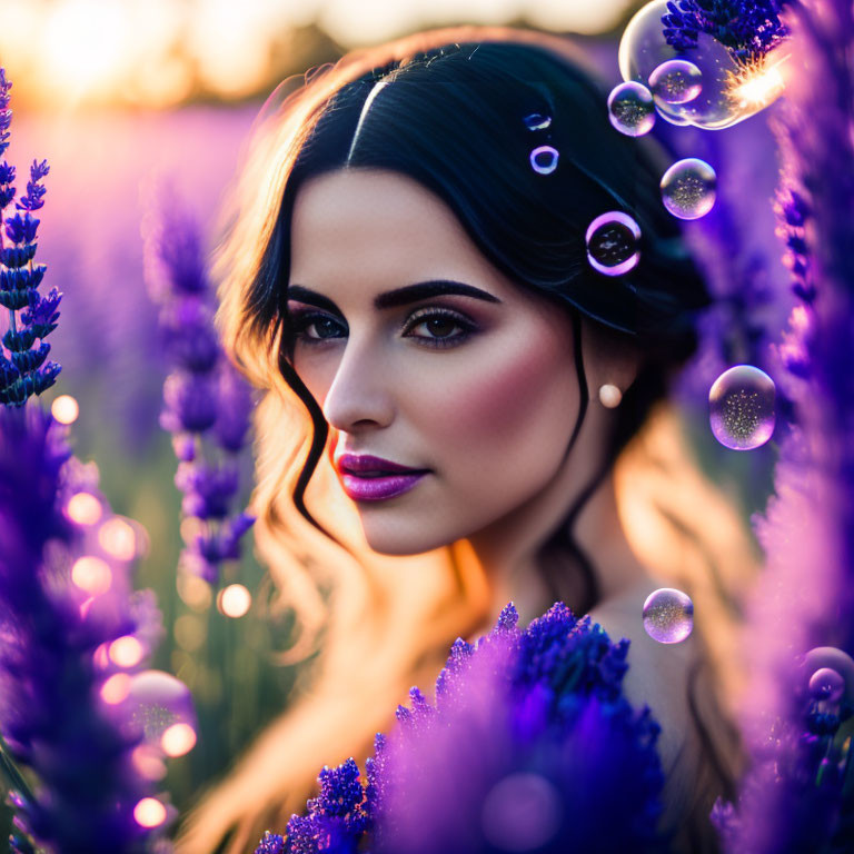 Dark-haired woman surrounded by purple flowers and bubbles at sunset.