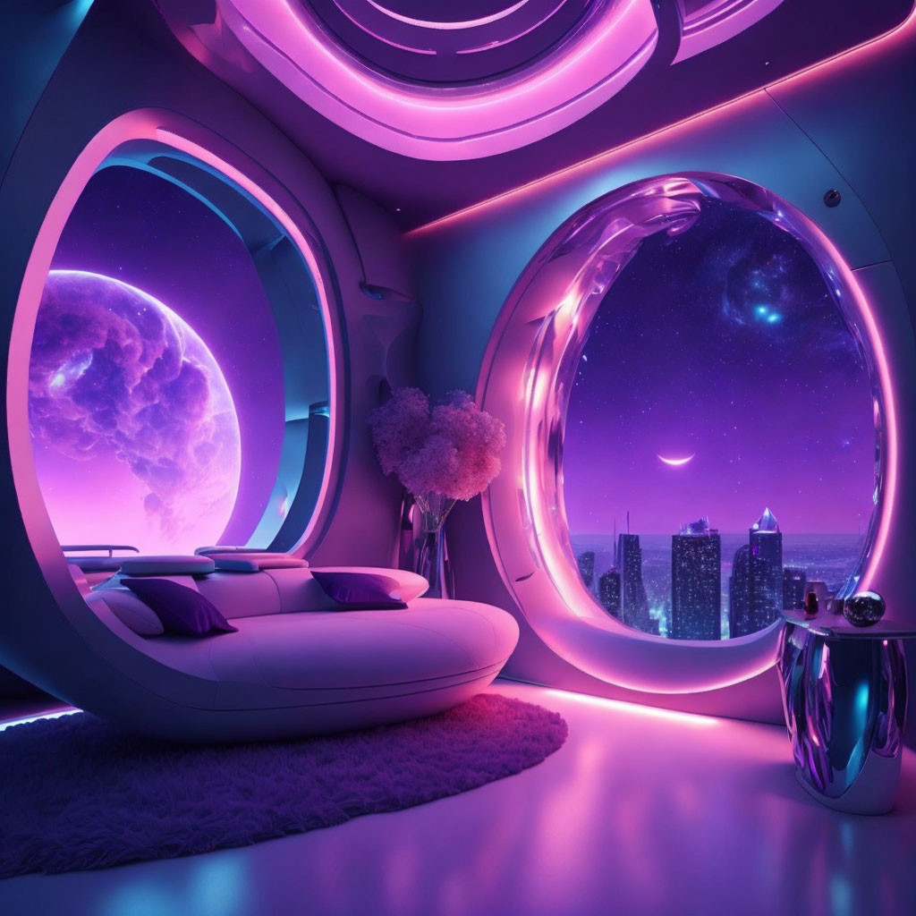 Futuristic room with circular glowing windows and cityscape view