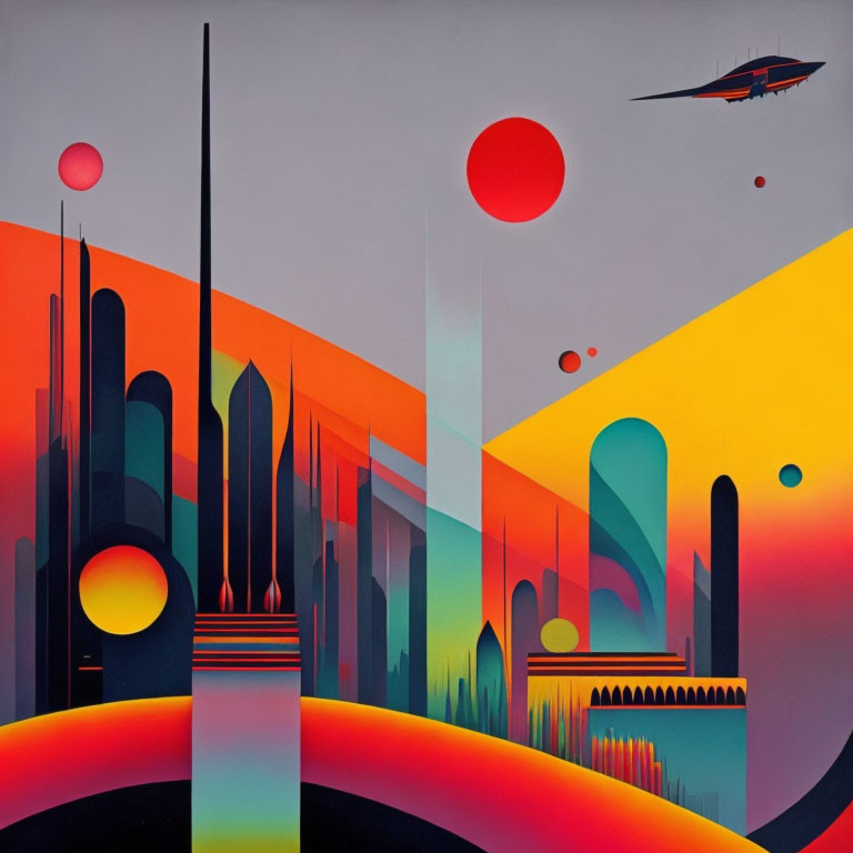 Colorful Abstract Geometric Landscape with Flying Vehicle