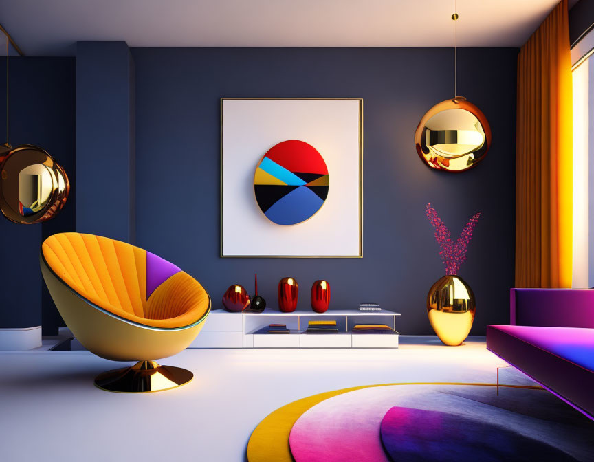 Vibrant modern living room with yellow armchair, purple sofa, abstract art & golden decor