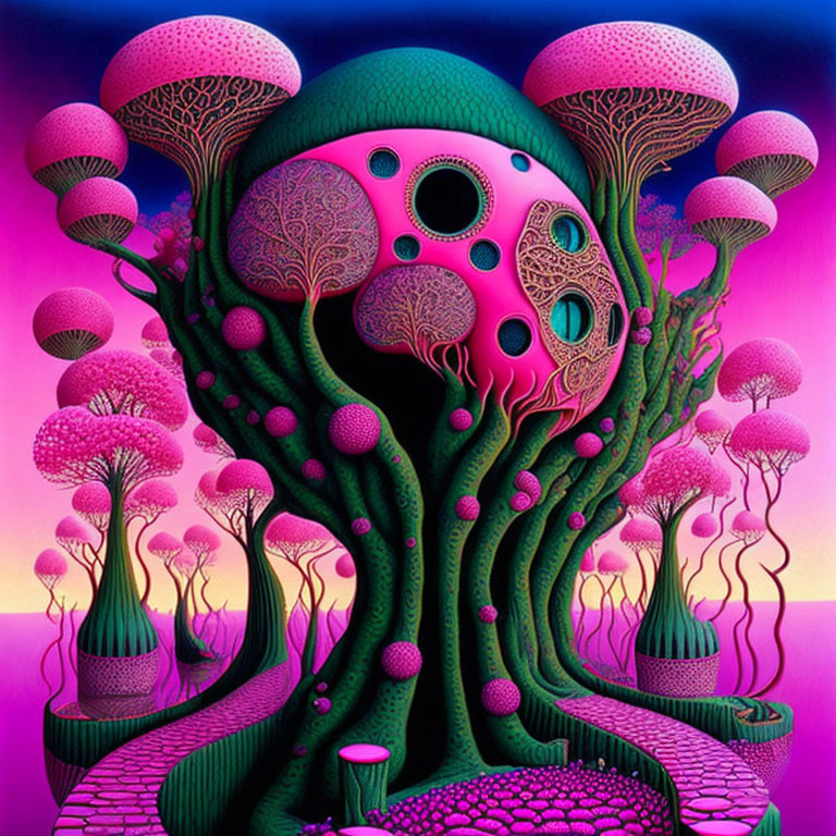 Colorful psychedelic tree art with mushroom-shaped foliage on pink and purple background