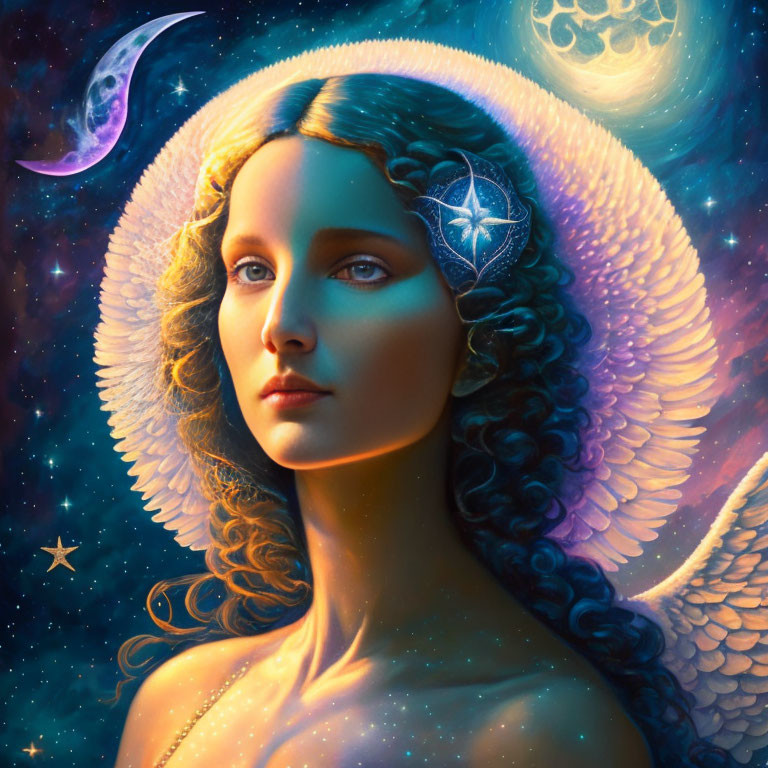 Celestial woman portrait with angelic wings, moon, stars, and glowing symbol