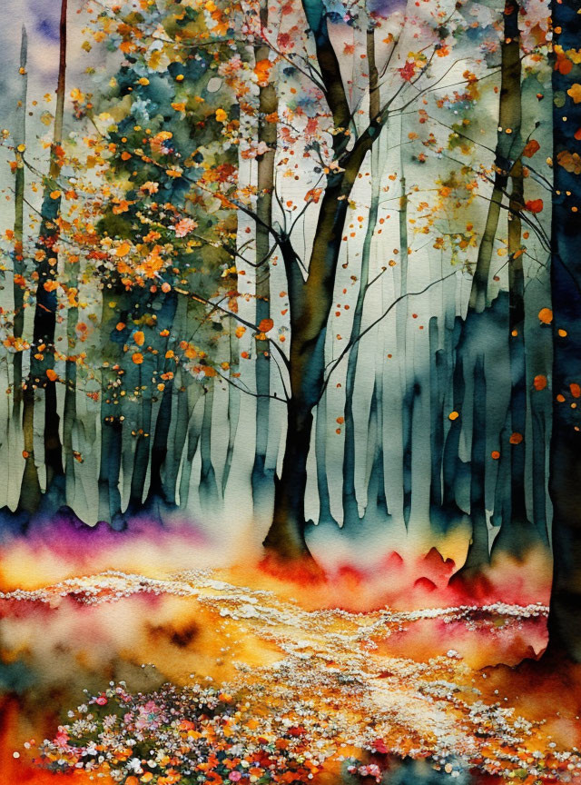 Colorful watercolor painting of whimsical forest scene