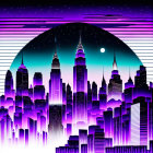 Futuristic neon-lit cityscape under crescent moon in dome pattern