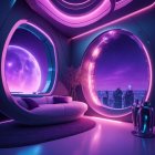 Futuristic room with circular glowing windows and cityscape view