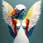 Colorful painting of woman with multi-hued wings, blending human and angelic features