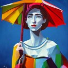 Digital painting of woman with colorful umbrella in rain, blue tones and vibrant contrasts