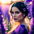 Dark-haired woman surrounded by purple flowers and bubbles at sunset.