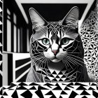 Black and white artistic image of a cat with geometric patterns blending into the background