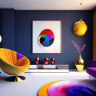 Vibrant modern living room with yellow armchair, purple sofa, abstract art & golden decor