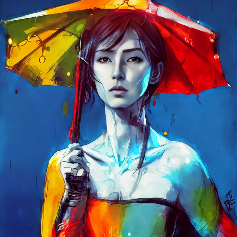 Digital painting of woman with colorful umbrella in rain, blue tones and vibrant contrasts