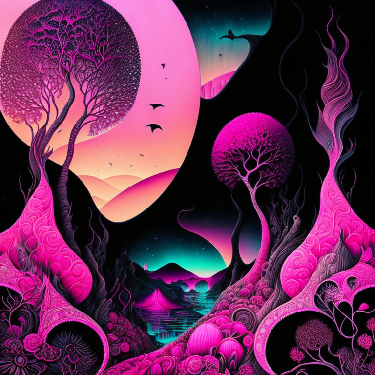 Surreal landscape digital artwork with purple and pink hues