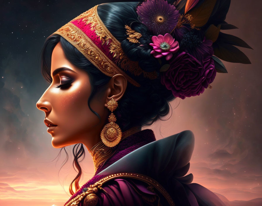 Profile portrait of a woman with floral headgear and gold jewelry against twilight sky