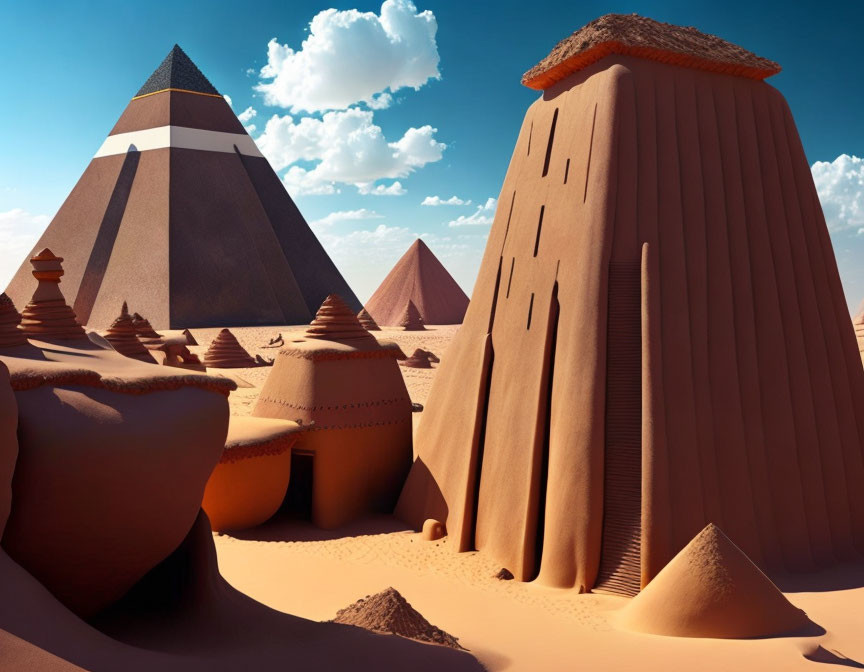 Stylized sand structures resembling ancient pyramids in a landscape under a blue sky