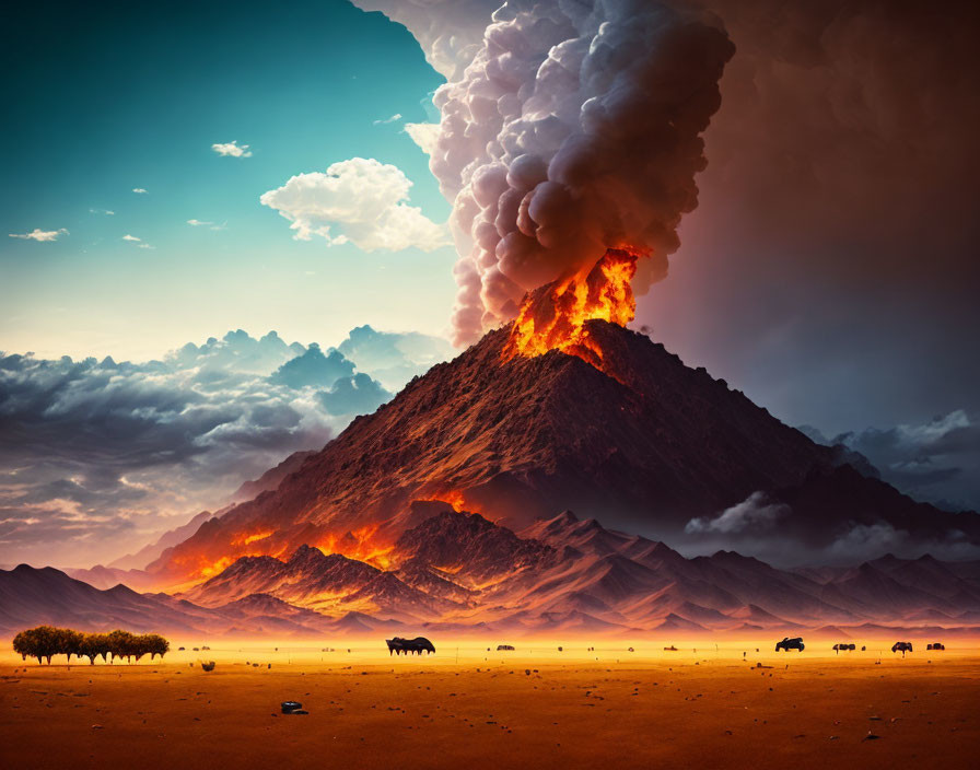 Volcano eruption with ash, lava, and grazing animals in fiery sky