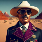 Stylized military figure in uniform with sunglasses and hat in desert landscape with temples, birds, flaming