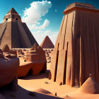 Stylized sand structures resembling ancient pyramids in a landscape under a blue sky