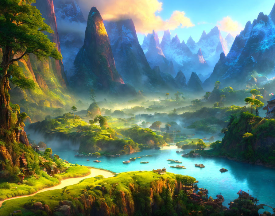 Majestic fantasy landscape with rivers, mountains, and lush greenery