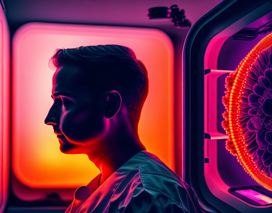 Futuristic neon-lit profile on vibrant pink and orange background