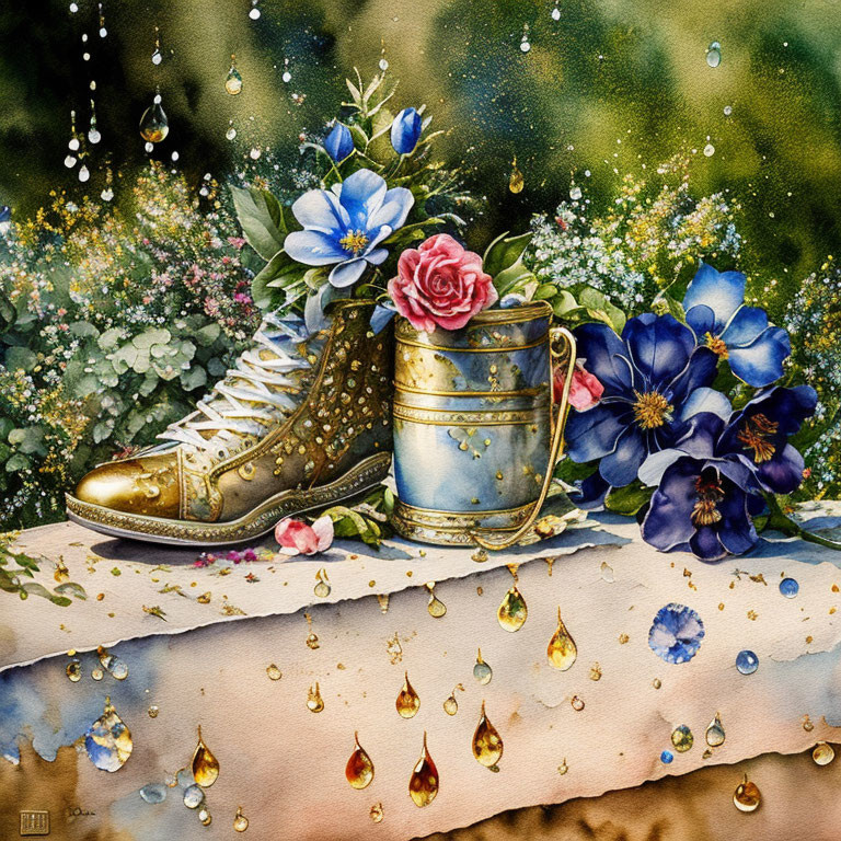 Vibrant watercolor painting of golden shoe, watering can, and flowers