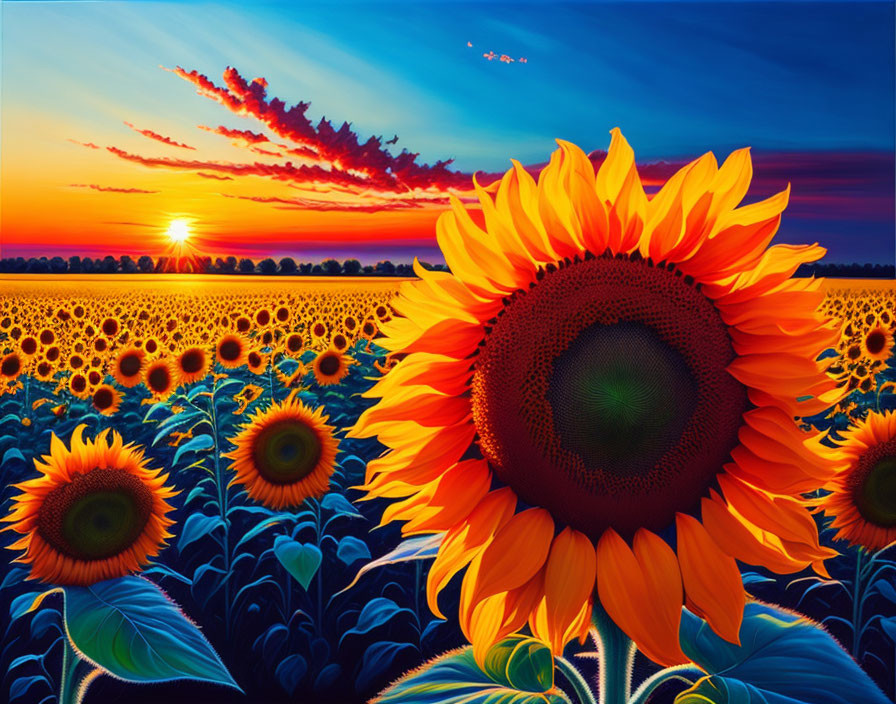 Sunflower Field Painting at Sunset with Colorful Sky