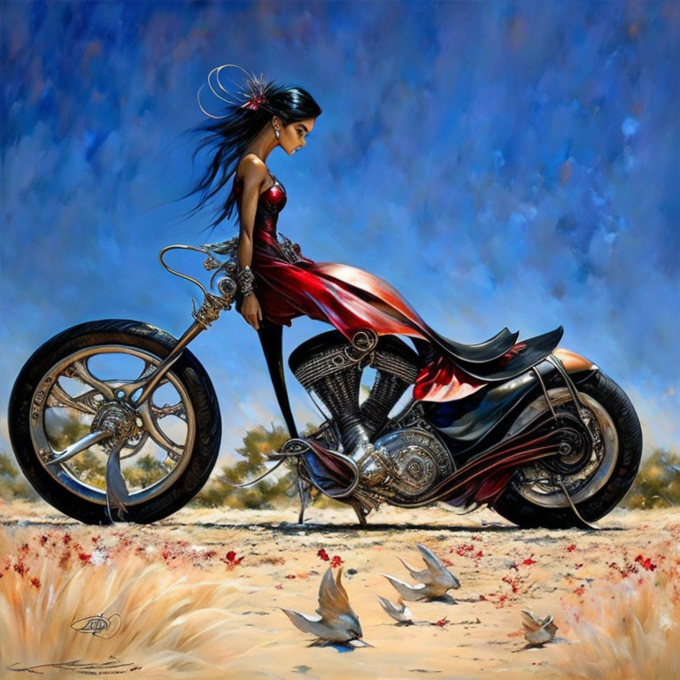 Woman in Red and Black Outfit with Stylized Motorcycle and Doves on Sandy Ground