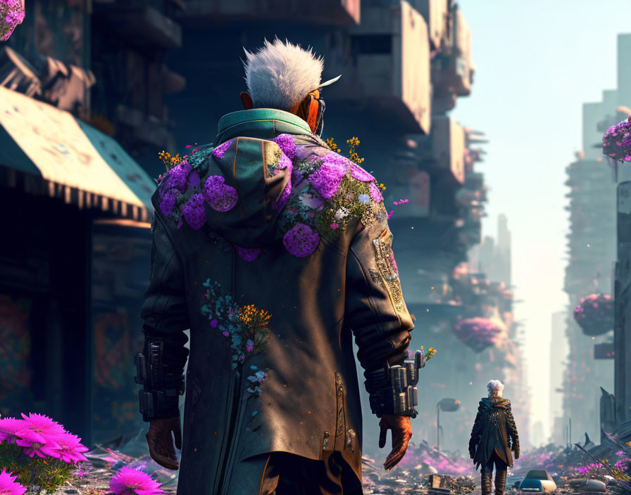 Elderly person with white hair and flower jacket gazes at futuristic cityscape with pink flowers.