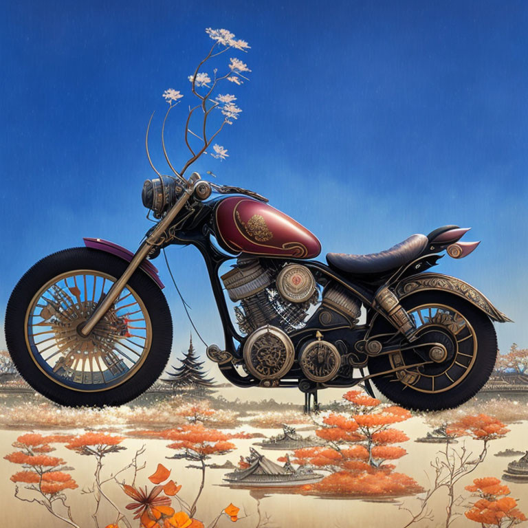 Fantasy illustration of classic motorcycle with floral and oriental landscape.