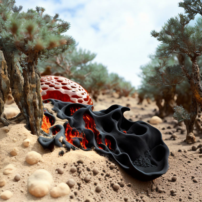 Surreal red rock structure with melting black object in sandy landscape