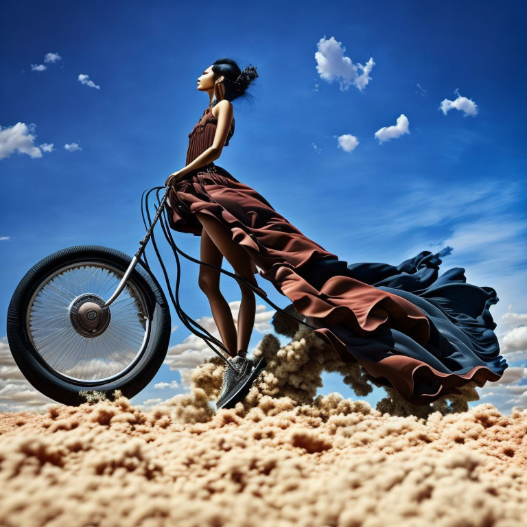 Woman in elegant dress with bicycle wheel against cloudy sky