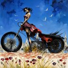 Woman in elegant dress with bicycle wheel against cloudy sky