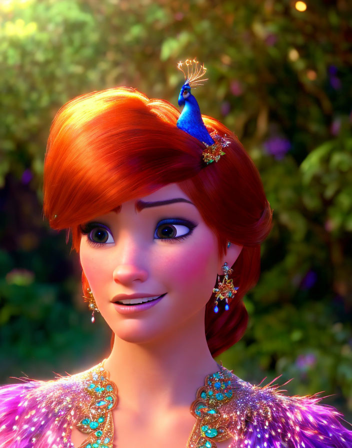 Animated character with red hair and peacock feather in sparkly attire in enchanted forest.